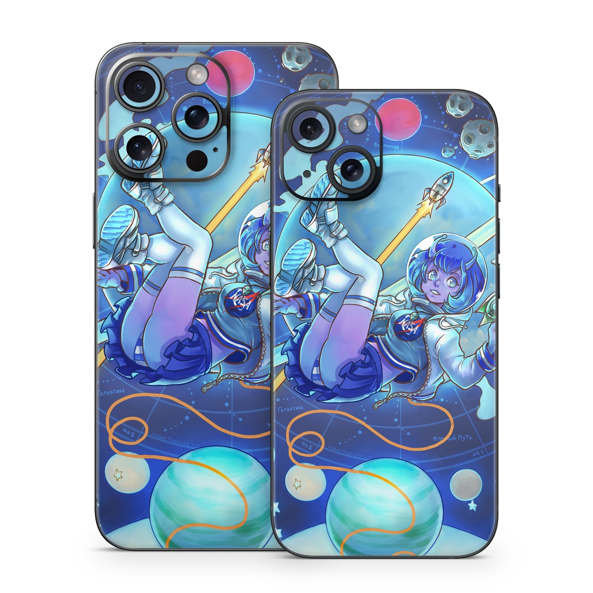 iPhone 15 Series Skin design of Cartoon, Illustration, Graphic design, Games, Space, Design, Anime, Art, Graphics, Fictional character, with blue, white, yellow, purple, green, red, orange, black colors