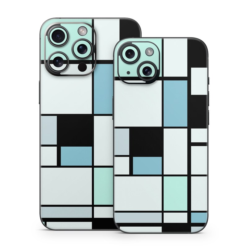 iPhone 15 Series Skin design of Blue, Line, Turquoise, Pattern, Rectangle, Design, Parallel, Square, Symmetry, Tints and shades, with black, blue, green colors