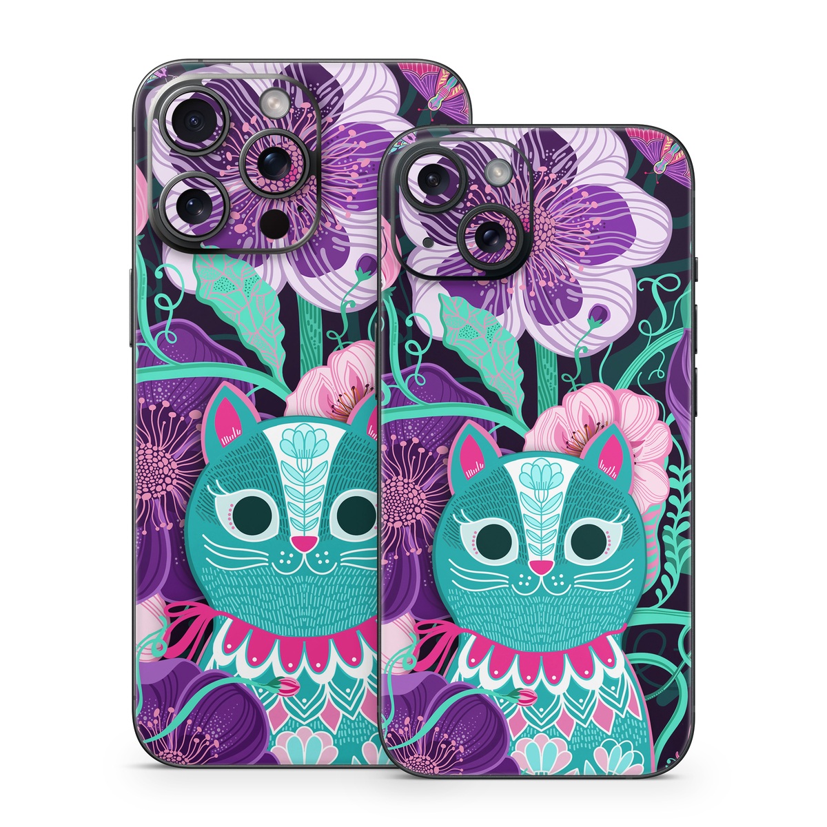 iPhone 15 Series Skin design of Botany, Purple, Textile, Organism, Pink, Art, Painting, Font, Creative arts, Magenta, with black, blue, pink, purple, green, red colors