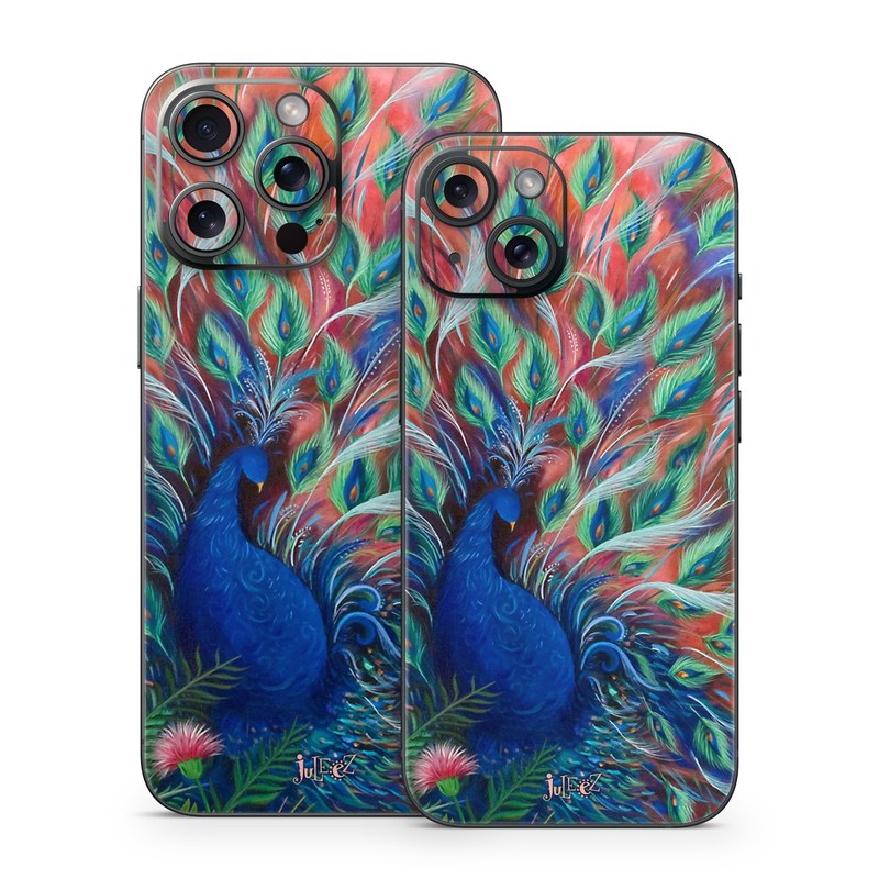 iPhone 15 Series Skin design of Painting, Acrylic paint, Bird, Child art, Art, Galliformes, Peafowl, Visual arts, Watercolor paint, Plant, with black, red, gray, blue, green colors