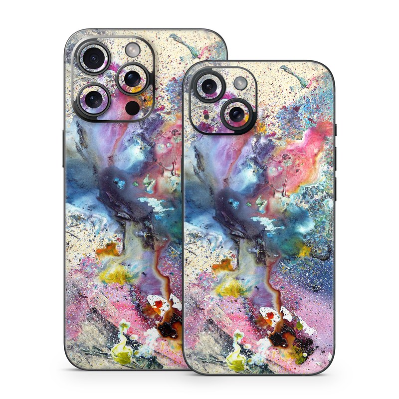 iPhone 15 Series Skin design of Watercolor paint, Painting, Acrylic paint, Art, Modern art, Paint, Visual arts, Space, Colorfulness, Illustration, with gray, black, blue, red, pink colors