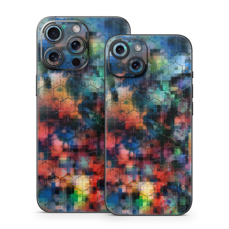 iPhone 15 Series Skin design of Blue, Colorfulness, Pattern, Psychedelic art, Art, Sky, Design, Textile, Dye, Modern art, with black, blue, red, gray, green colors