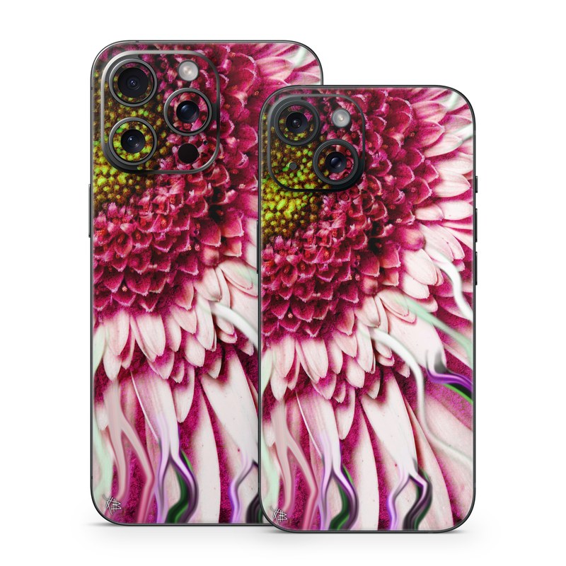 iPhone 15 Series Skin design of Flowering plant, Flower, Petal, Plant, Purple, Pink, Gazania, Violet, Gerbera, Chrysanths, with black, gray, red, purple, pink, white colors