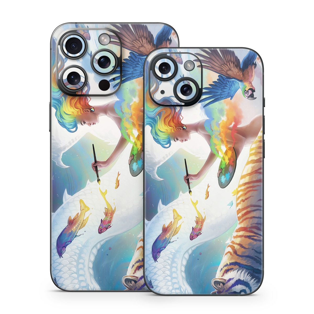 iPhone 15 Series Skin design of Siberian tiger, Bengal tiger, Vertebrate, Tiger, Felidae, Mammal, Water, Carnivore, Art, Painting, with blue, red, yellow, orange, green, purple, black, white colors