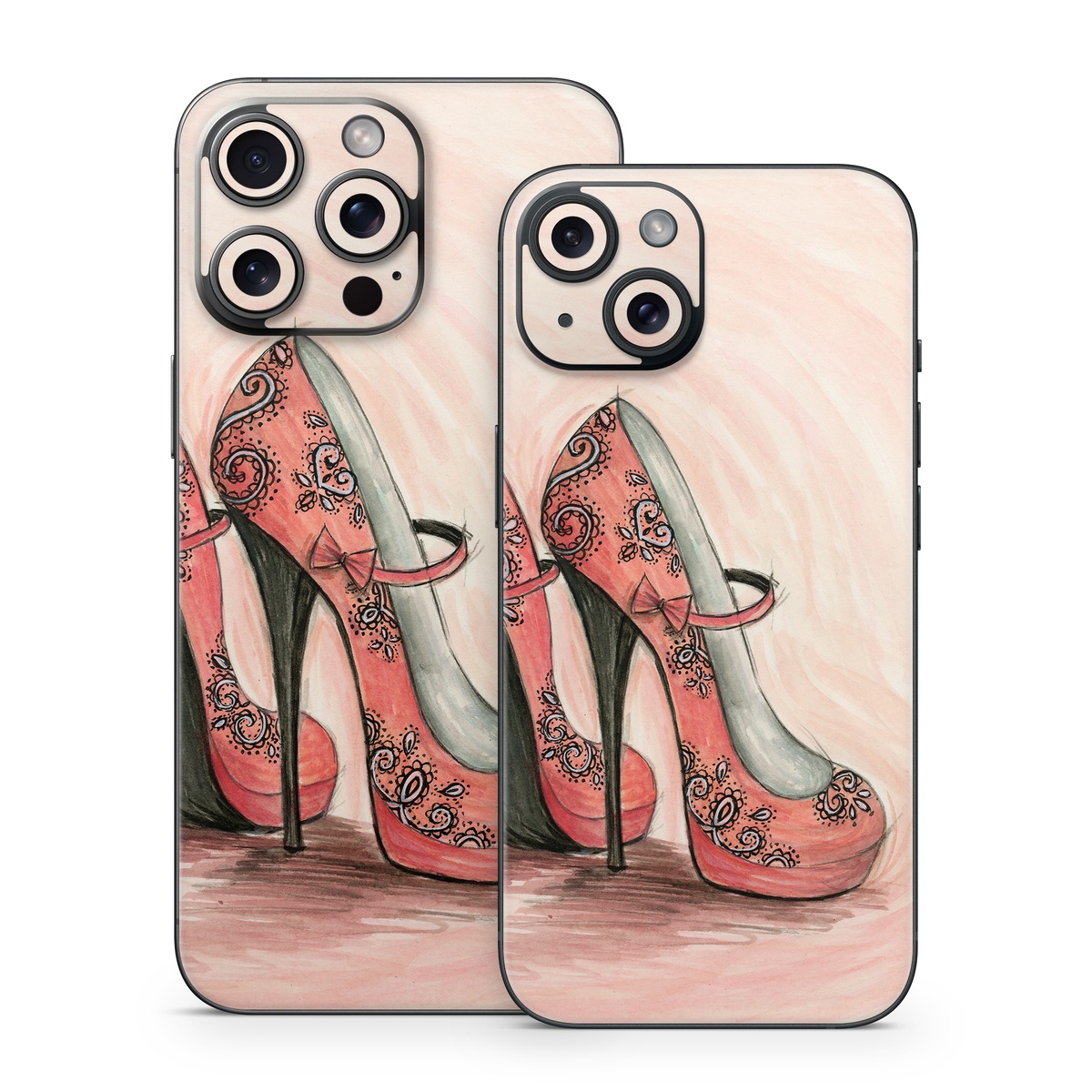 iPhone 15 Series Skin design of Footwear, High heels, Shoe, Pink, Court shoe, Illustration, Leg, Basic pump, Peach, Painting, with pink, gray, red, white, black, green colors