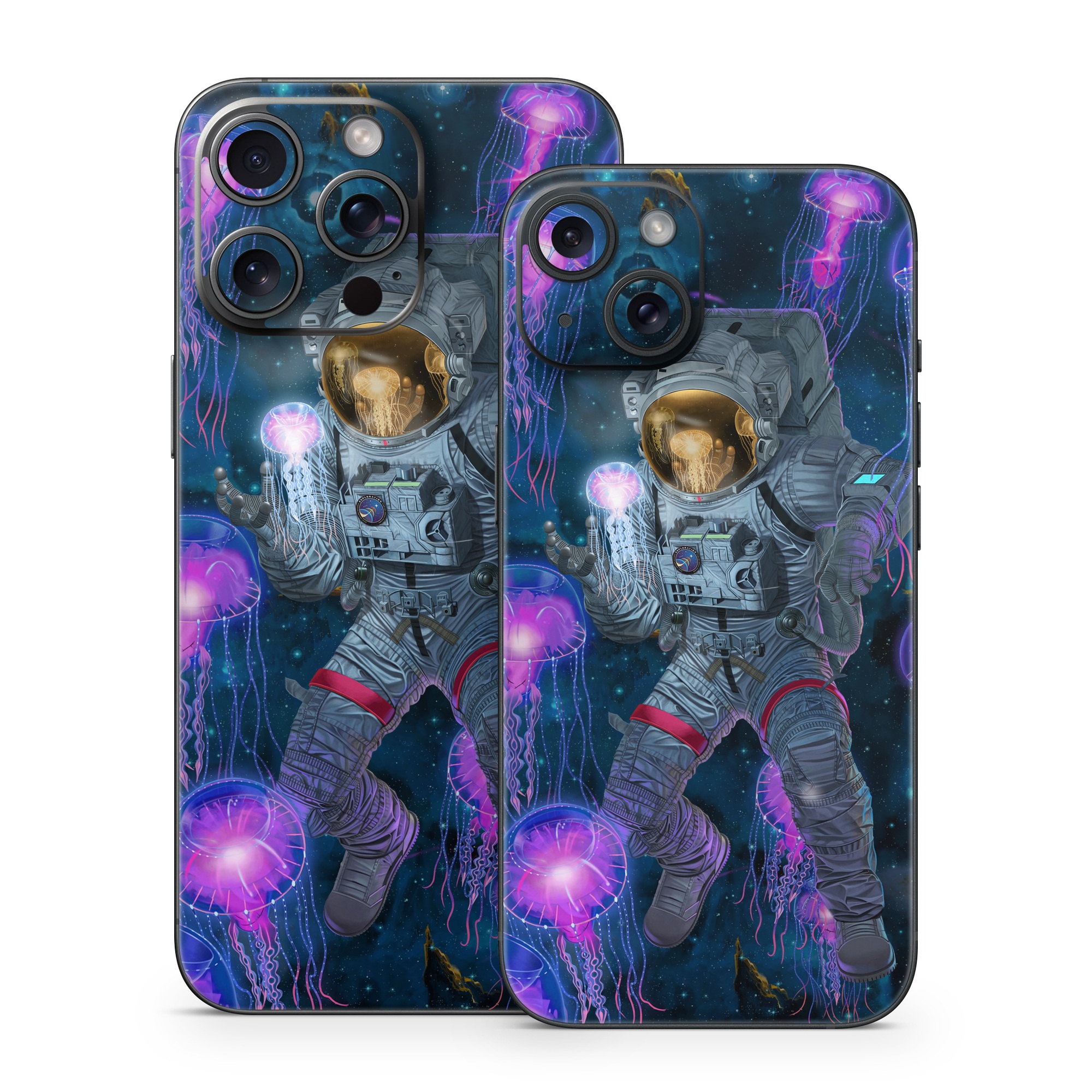 iPhone 15 Series Skin design of Light, Blue, Purple, World, Astronaut, Art, Astronomical object, Space, Cg artwork, Electric blue, with black, blue, gray, white, purple, yellow, red, brown colors
