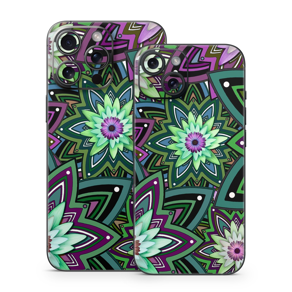 iPhone 15 Series Skin design of Pattern, Purple, Green, Flower, Psychedelic art, Design, Lilac, Plant, Symmetry, Visual arts, with black, gray, green, purple, blue, red colors