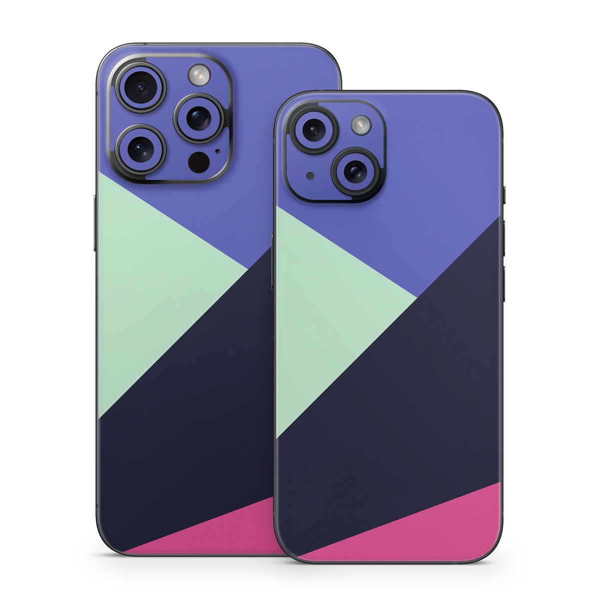 iPhone 15 Series Skin design of Purple, Violet, Line, Magenta, Graphic design, Triangle, Pattern, Design, Material property, Font, with black, blue, green, pink colors