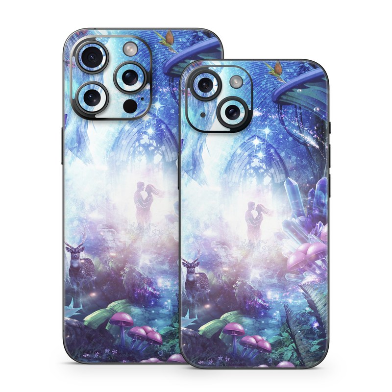 iPhone 15 Series Skin design of Man, Woman, Fictional Character, Mythology, Bird, Wing, Mythical Creature, Deer, Tiger, Mushrooms, Butterfly, with white, blue, green, red, yellow, black, purple, gray colors
