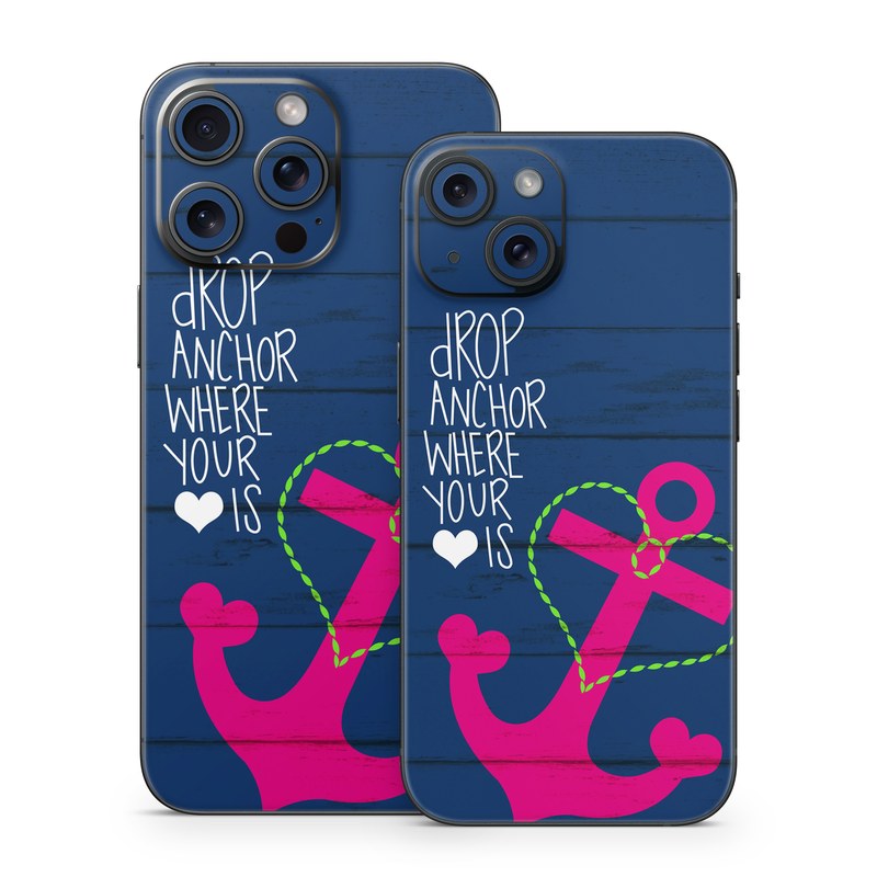 iPhone 15 Series Skin design of Font, Text, Love, Heart, Illustration, Anchor, Graphic design, Gesture, with black, purple, gray, red, blue, white colors