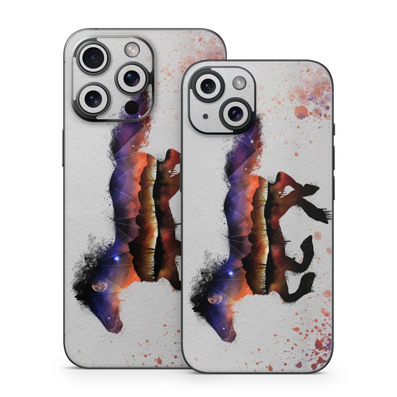 iPhone 15 Series Skin design of Watercolor paint, Illustration, Art, Horse, Paint, Drawing, Graphic design, Painting, Visual arts, Mustang horse, with gray, white, purple, red, yellow, black, orange colors