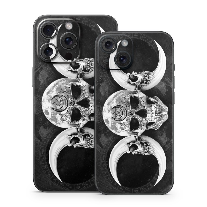 iPhone 15 Series Skin design of Bone, Skull, Darkness, Monochrome, Black-and-white, Circle, Symmetry, Visual Arts, Illustration, Skeleton, Drawing, with black, white, gray colors