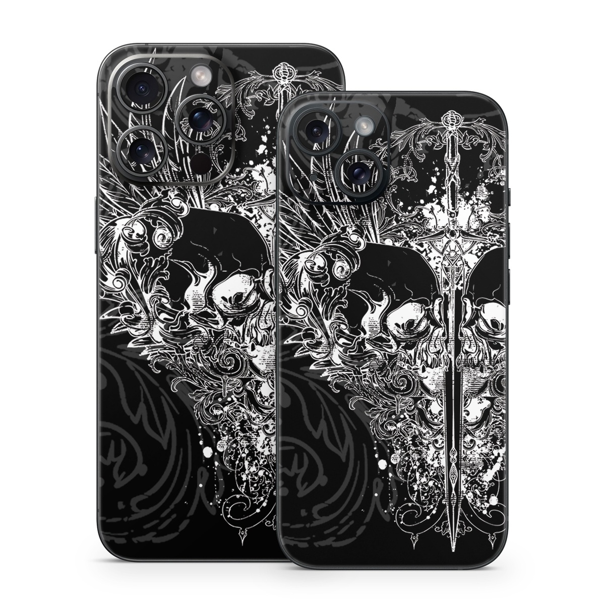 iPhone 15 Series Skin design of Illustration, Art, Design, Monochrome, Graphic design, Pattern, Fictional character, Skull, Black-and-white, Graphics, with black, gray colors