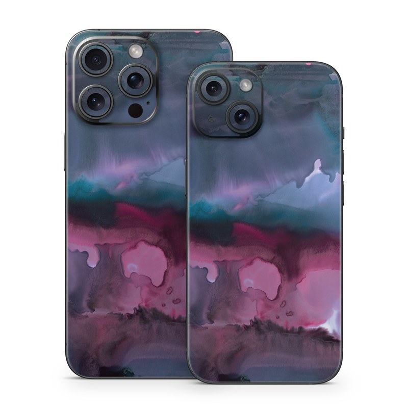 iPhone 15 Series Skin design of Watercolor paint, Purple, Painting, Ice, Magenta, Sky, Art, Cloud, Paint, Modern art, with black, white, purple, blue, red colors