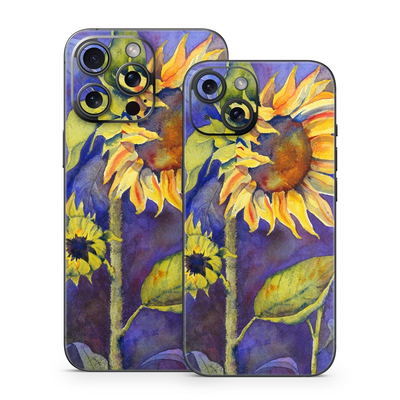 iPhone 15 Series Skin design of Flower, Sunflower, Painting, sunflower, Watercolor paint, Plant, Flowering plant, Yellow, Acrylic paint, Still life, with green, black, blue, gray, red, orange colors