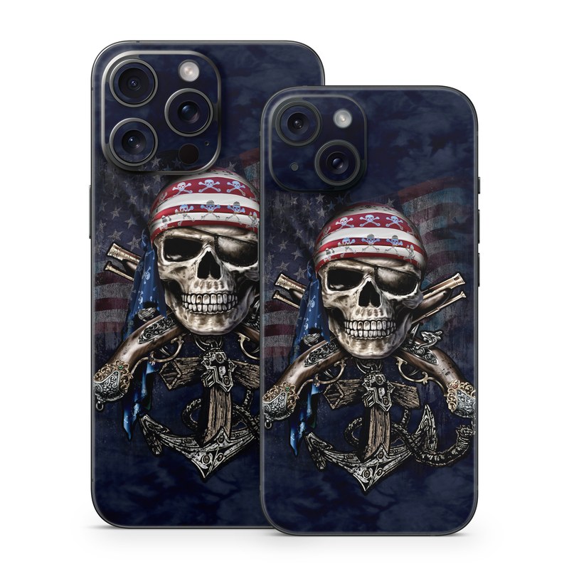 iPhone 15 Series Skin design of Skull, Bone, Skeleton, Illustration, Outerwear, T-shirt, Flag, Art, with black, gray, red colors