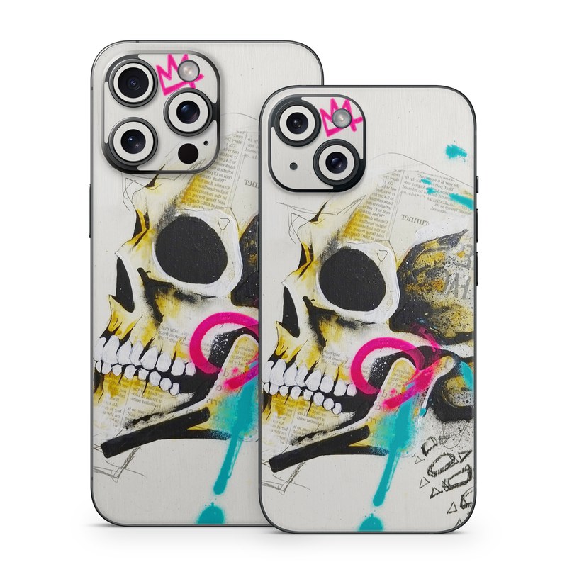iPhone 15 Series Skin design of Graphic design, Skull, Illustration, Art, Bone, Drawing, Visual arts, Font, Modern art, Street art, with blue, pink, yellow, black colors