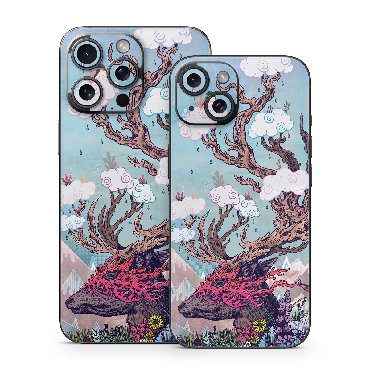 iPhone 15 Series Skin design of Illustration, Tree, Watercolor paint, Painting, Art, Plant, Acrylic paint, Fictional character, Flower, Blossom, with gray, black, red, purple, blue colors