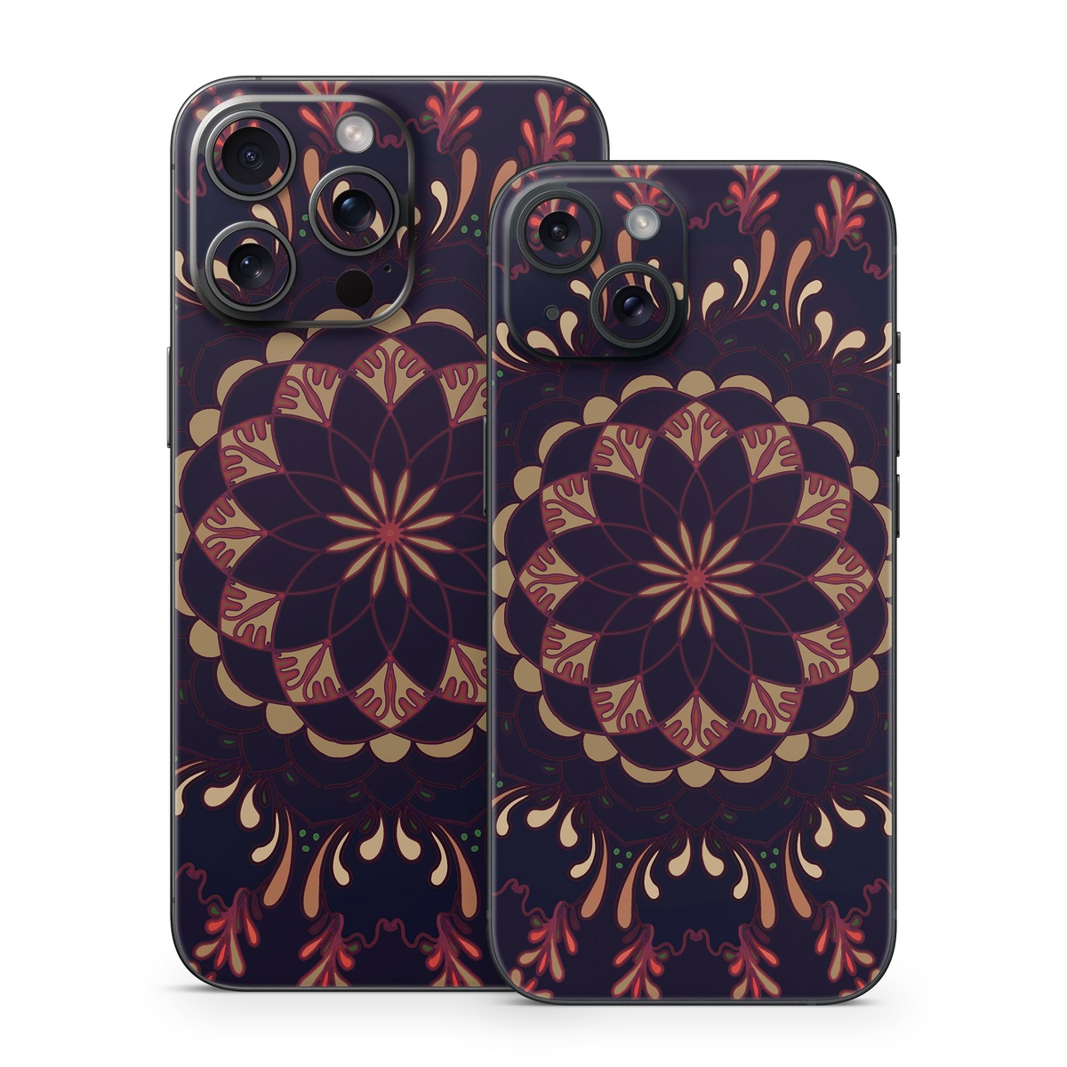 iPhone 15 Series Skin design of Pattern, Brown, Red, Symmetry, Textile, Design, Visual arts, Tapestry, Kaleidoscope, with black, red, orange, yellow, brown colors