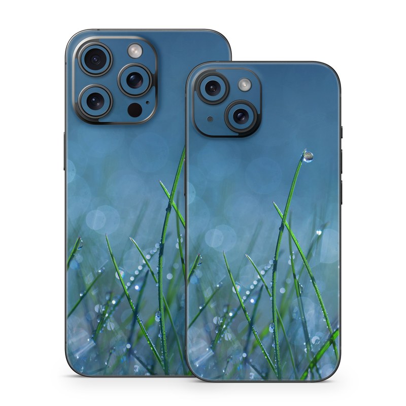 iPhone 15 Series Skin design of Moisture, Dew, Water, Green, Grass, Plant, Drop, Grass family, Macro photography, Close-up, with blue, black, green, gray colors