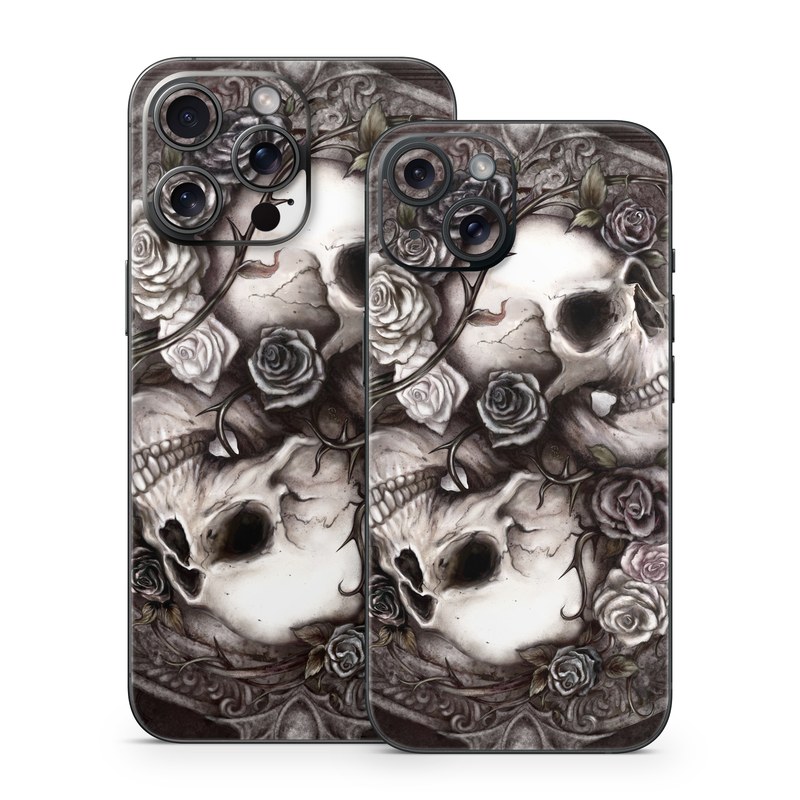 iPhone 15 Series Skin design of Skull, Bone, Illustration, Font, Still life photography, Photography, Still life, Art, Monochrome, Circle, with black, white, brown, pink colors