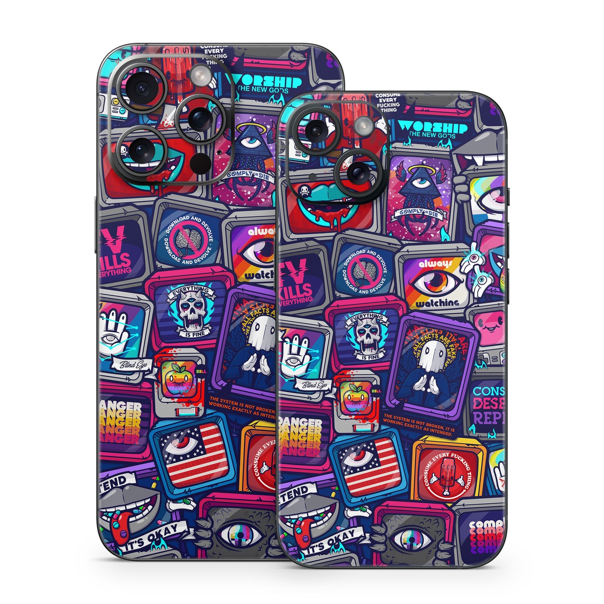 iPhone 15 Series Skin design of Pattern, Font, Art, Visual arts, Collection, with red, blue, black, gray, purple, yellow, white, green colors