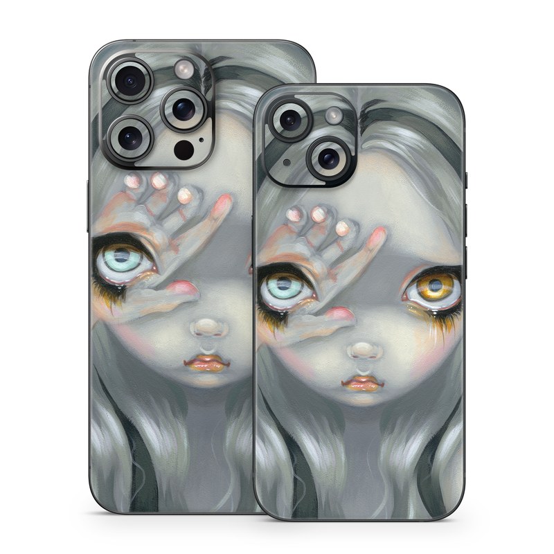 iPhone 15 Series Skin design of Face, Head, Cg artwork, Eye, Illustration, Organ, Fictional character, Art, Iris, Darkness, with black, gray, blue, green colors