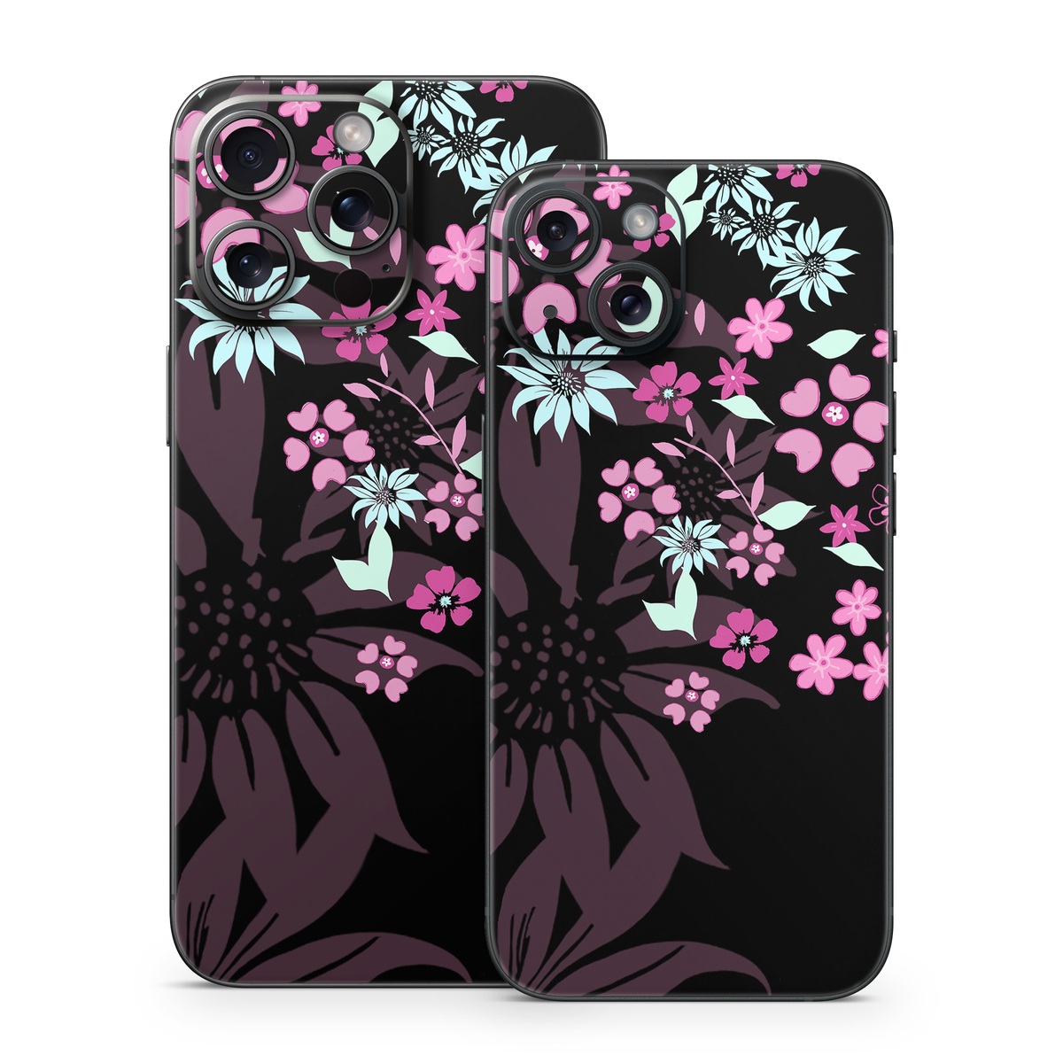 iPhone 15 Series Skin design of Pink, Pattern, Flower, Plant, Botany, Petal, Floral design, Design, Pedicel, Graphic design, with black, gray, purple, green, red, pink colors