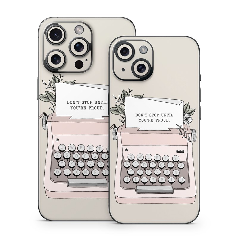 iPhone 15 Series Skin design of Typewriter, Office equipment, Space bar, Office supplies, Illustration, with black, white, pink colors