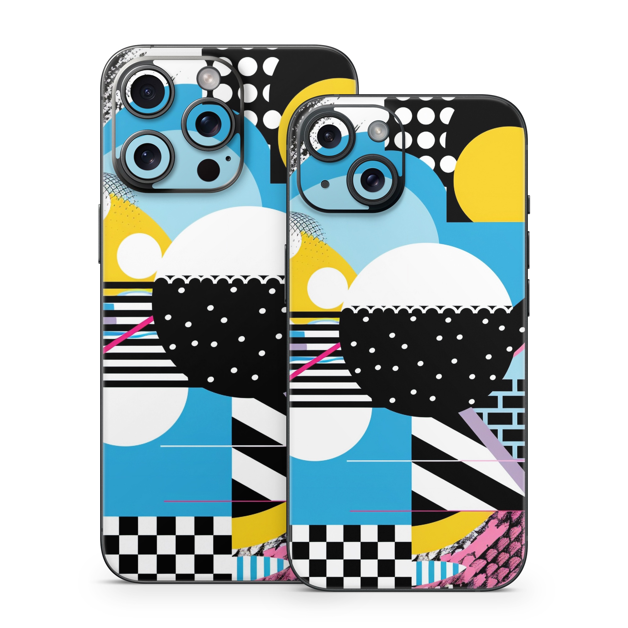 iPhone 15 Series Skin design of White, Yellow, Art, Font, Pattern, Circle, Design, Creative arts, Graphics, Electric blue, with blue, pink, white, black, yellow colors