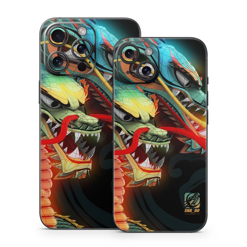 iPhone 15 Series Skin design of Dragon, Fictional character, Illustration, Art, Cg artwork, Fiction, Mythical creature, Graphics, with black, green, red, yellow, orange colors