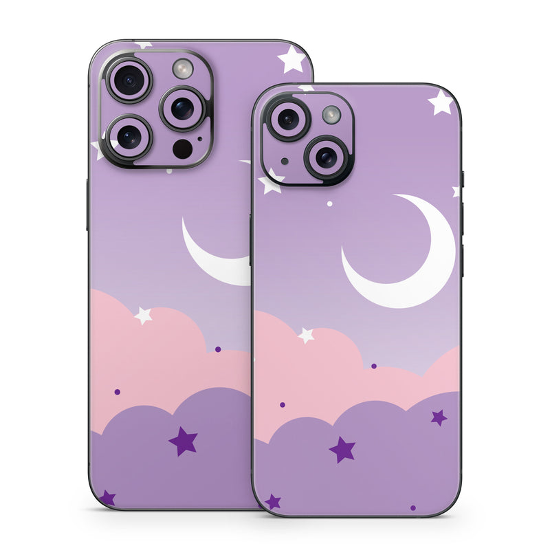 iPhone 15 Series Skin design of Astronomical object, Pink, Star, Purple, Crescent, Moon, Graphics, Animation, Wallpaper, Graphic design, with purple, white colors