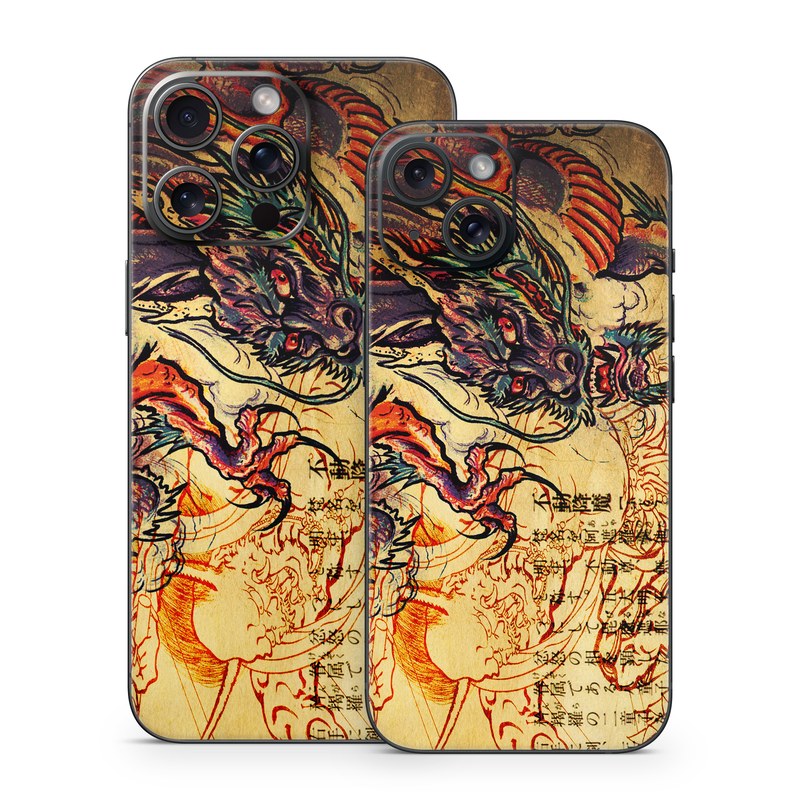 iPhone 15 Series Skin design of Illustration, Fictional character, Art, Demon, Drawing, Visual arts, Dragon, Supernatural creature, Mythical creature, Mythology, with black, green, red, gray, pink, orange colors