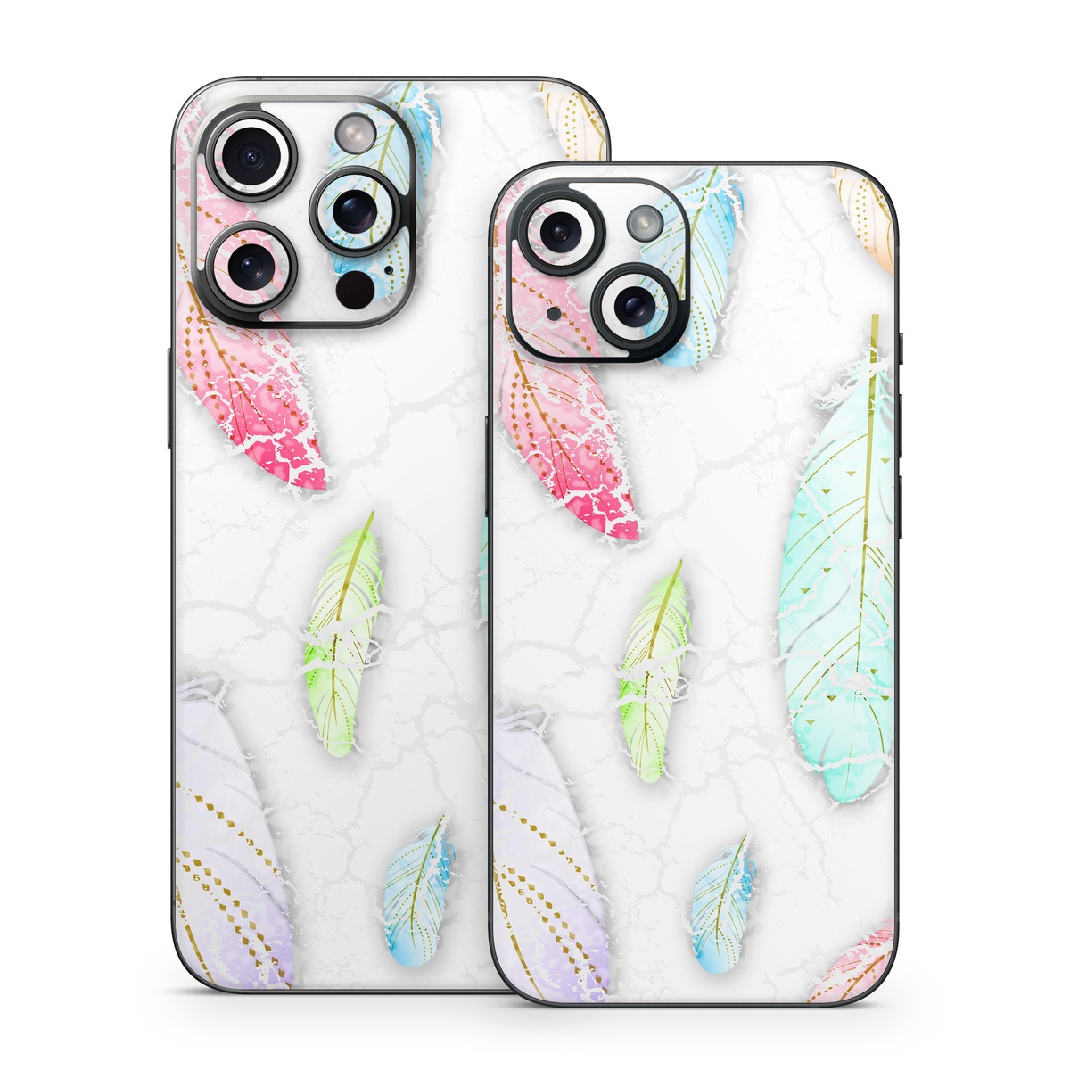 iPhone 15 Series Skin design of Feather, Fashion accessory, Jewellery, with red, blue, green, purple, white, brown colors