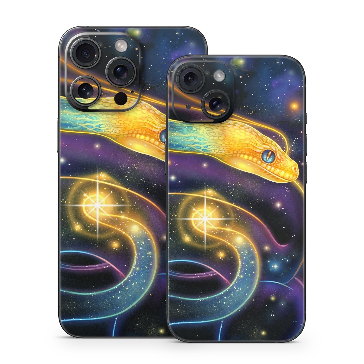 iPhone 15 Series Skin design of Atmosphere, Light, Organism, Art, Font, Astronomical object, Galaxy, Star, Science, Nebula, with black, white, yellow, orange, green, purple colors