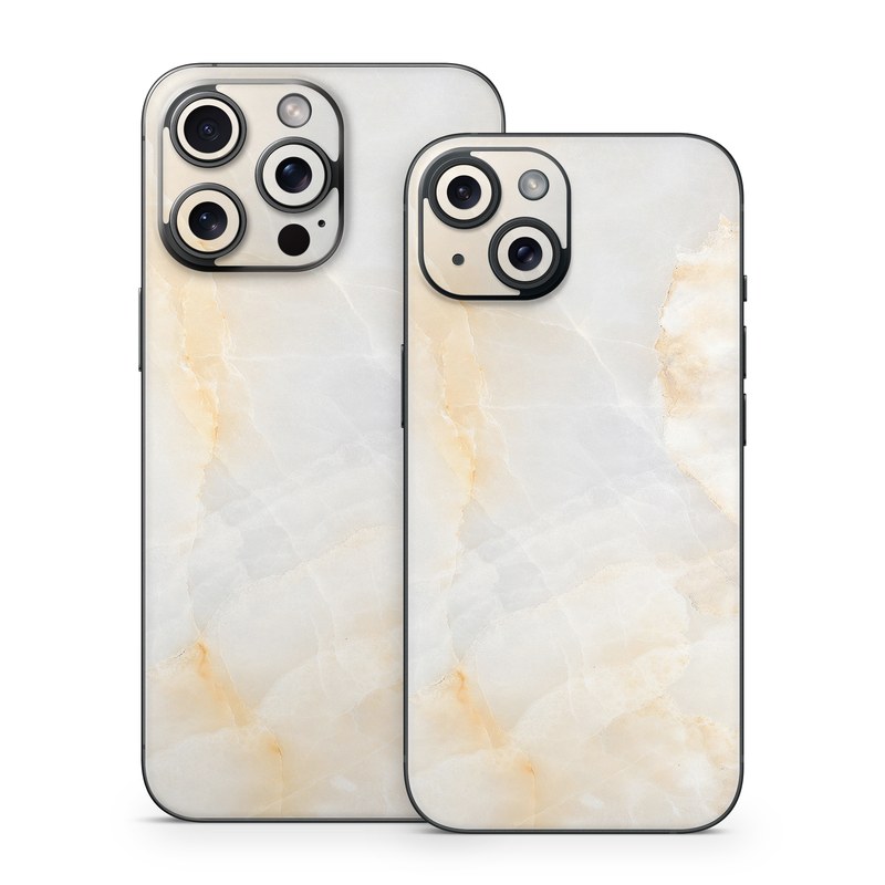 iPhone 15 Series Skin design of White, Textile, Flooring, Marble, Paper, Pattern, Fashion accessory, Tile, with white, orange, black, yellow colors
