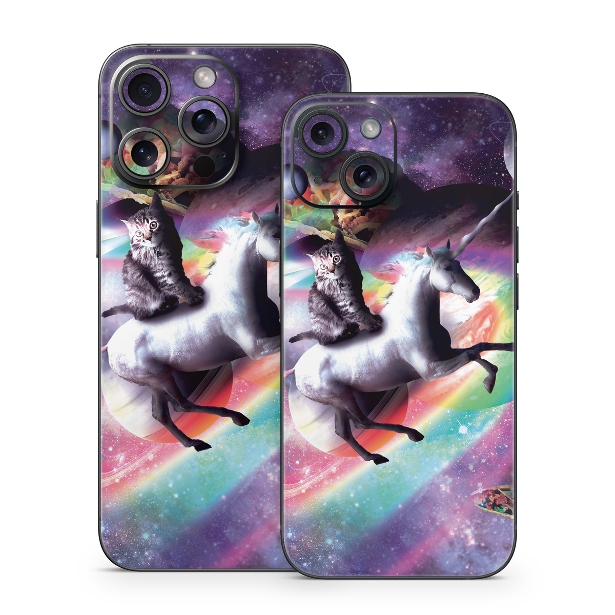iPhone 15 Series Skin design of Illustration, Graphic design, Fictional character, Space, Sky, Astronomical object, Universe, Outer space, Art, Unicorn, with black, white, gray, red, yellow, green, blue, orange colors