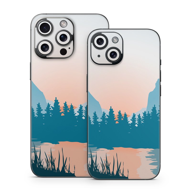 iPhone 15 Series Skin design of Sky, Atmosphere, Mountain, Ecoregion, Plant, Natural landscape, Larch, Highland, Fog, Atmospheric phenomenon, with blue, yellow, orange, green colors