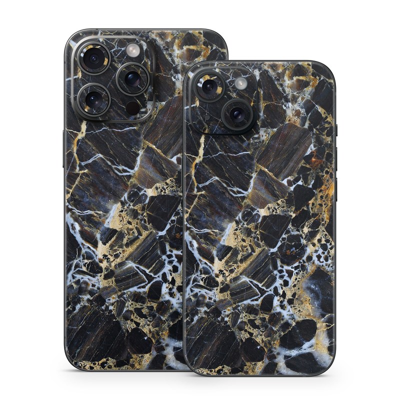 iPhone 15 Series Skin design of Black, Yellow, Rock, Brown, Marble, Water, Close-up, Granite, Pattern, Geology, with black, white, orange, gray, yellow colors