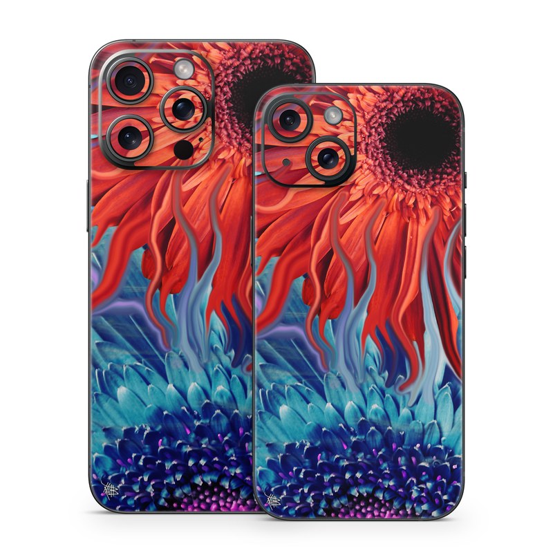 iPhone 15 Series Skin design of Psychedelic art, Pattern, Organism, Colorfulness, Art, Flower, Petal, Design, Fractal art, Electric blue, with red, black, blue, purple, gray colors