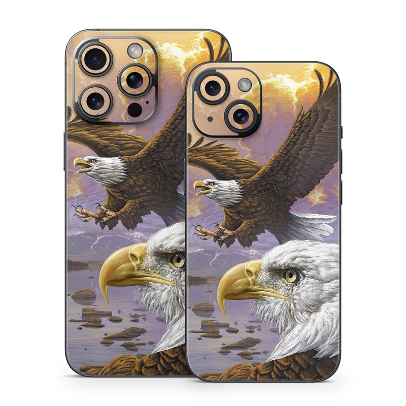 iPhone 15 Series Skin design of Bird, Bird of prey, Bald eagle, Vertebrate, Eagle, Accipitriformes, Accipitridae, Golden eagle, Beak, Hawk, with gray, black, green, red, purple colors
