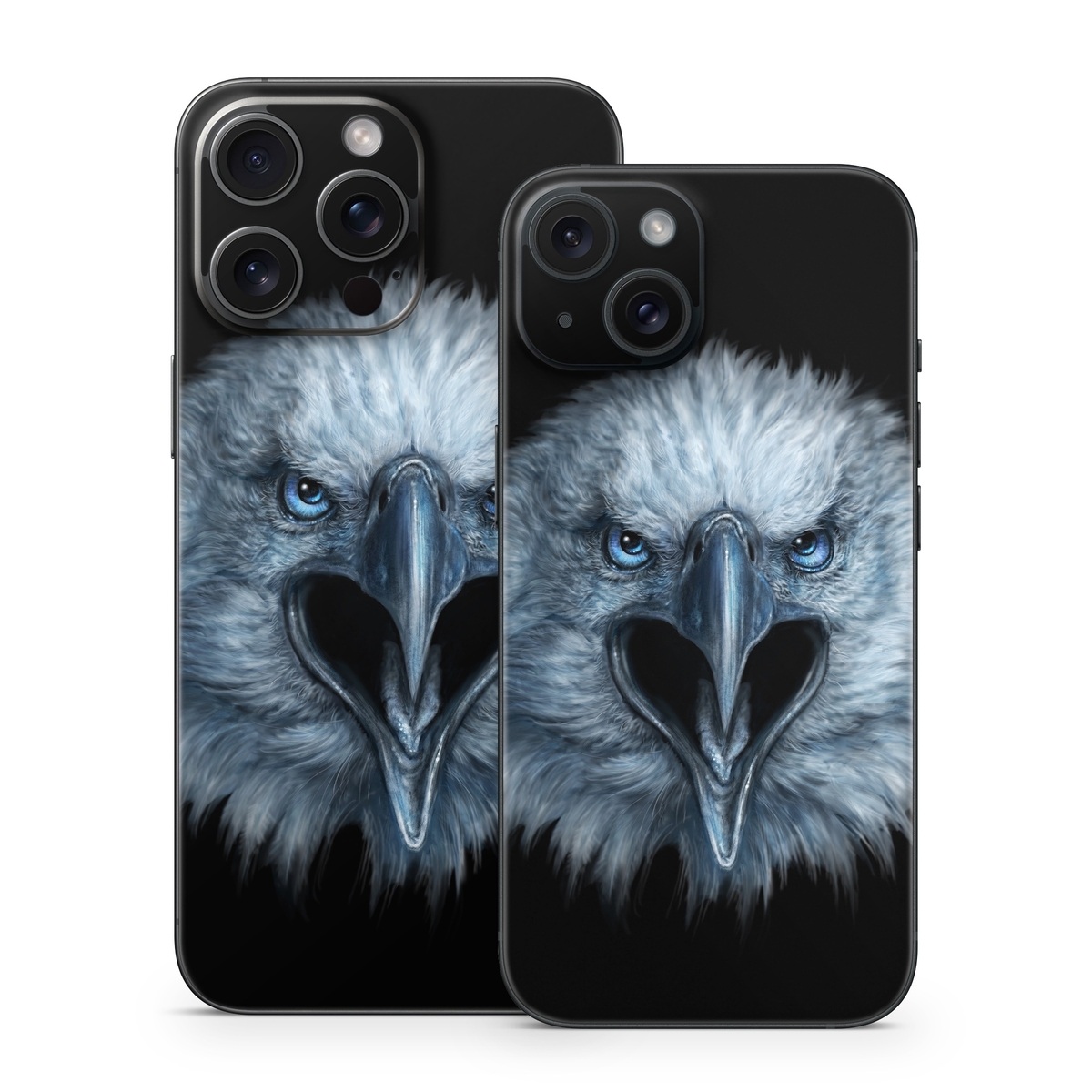 iPhone 15 Series Skin design of Bird, Vertebrate, Bird of prey, Beak, Eagle, Wildlife, Organ, Close-up, Eye, Accipitriformes, with white, gray, black, blue colors