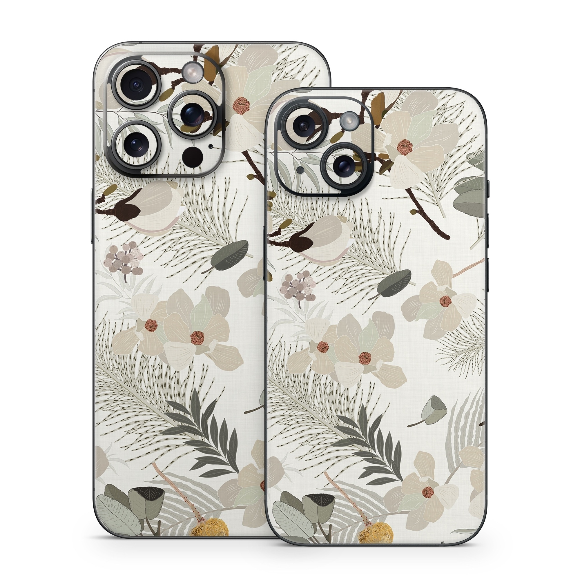iPhone 15 Series Skin design of Branch, Botany, Twig, Plant, Textile, Organism, Art, Creative arts, Pattern, Tints and shades, with white, green, yellow, brown, gray colors