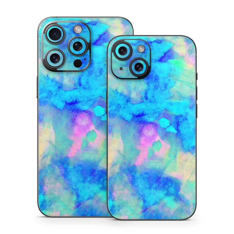 iPhone 15 Series Skin design of Blue, Turquoise, Aqua, Pattern, Dye, Design, Sky, Electric blue, Art, Watercolor paint, with blue, purple colors