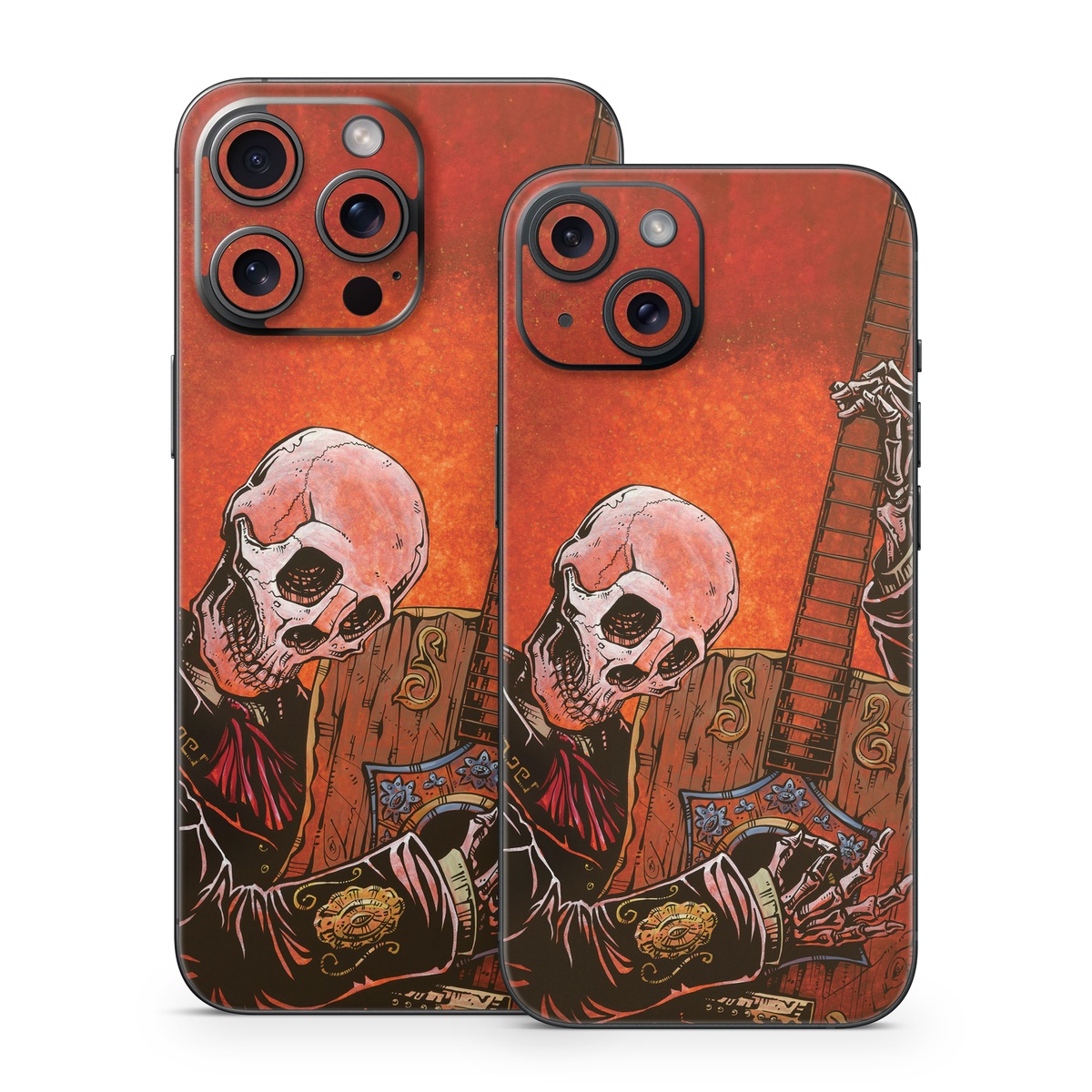 iPhone 15 Series Skin design of Sleeve, Art, Painting, Personal protective equipment, Artist, Music, Font, Visual arts, Drawing, Skull, with white, black, gray, brown, orange, yellow, red colors