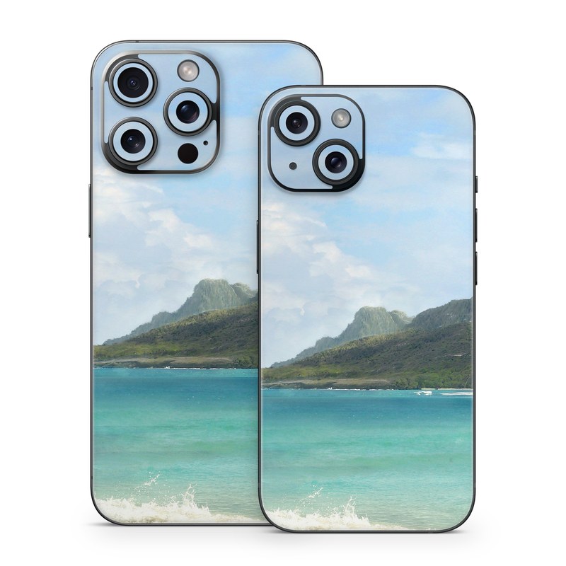 iPhone 15 Series Skin design of Body of water, Tropics, Nature, Natural landscape, Shore, Coast, Caribbean, Sea, Tree, Beach, with gray, black, blue, green colors