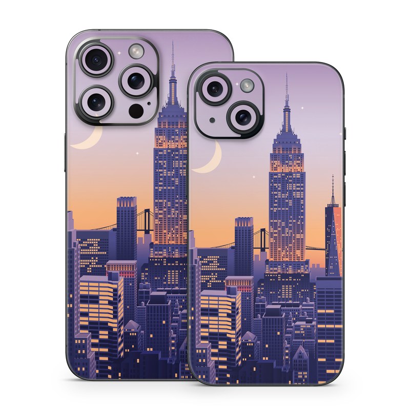 iPhone 15 Series Skin design of Skyscraper, Building, Sky, Atmosphere, Moon, World, Nature, Tower, Afterglow, Dusk, with blue, purple, yellow, orange colors