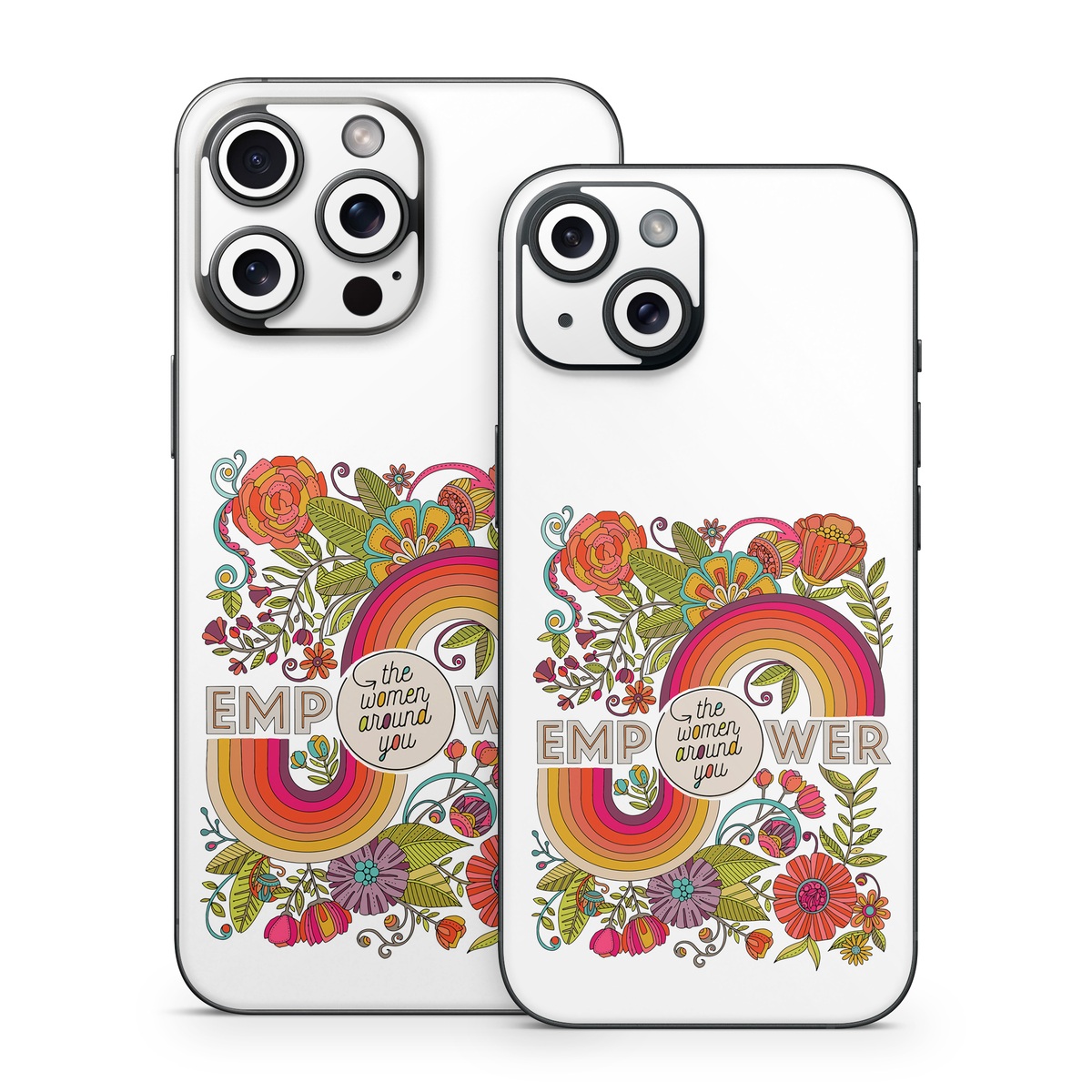 iPhone 15 Series Skin design of Botany, Flower, Font, Creative arts, Petal, Circle, Pattern, Art, Visual arts, Floral design, with white, red, yellow, orange, green, blue colors