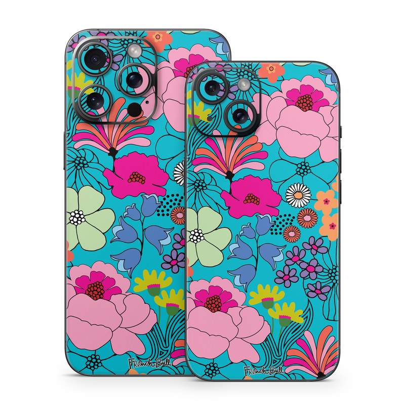 iPhone 15 Series Skin design of Flower, Green, Azure, Nature, Botany, Petal, Blue, Textile, Pink, Art, with blue, pink, yellow, orange, red, purple, green colors
