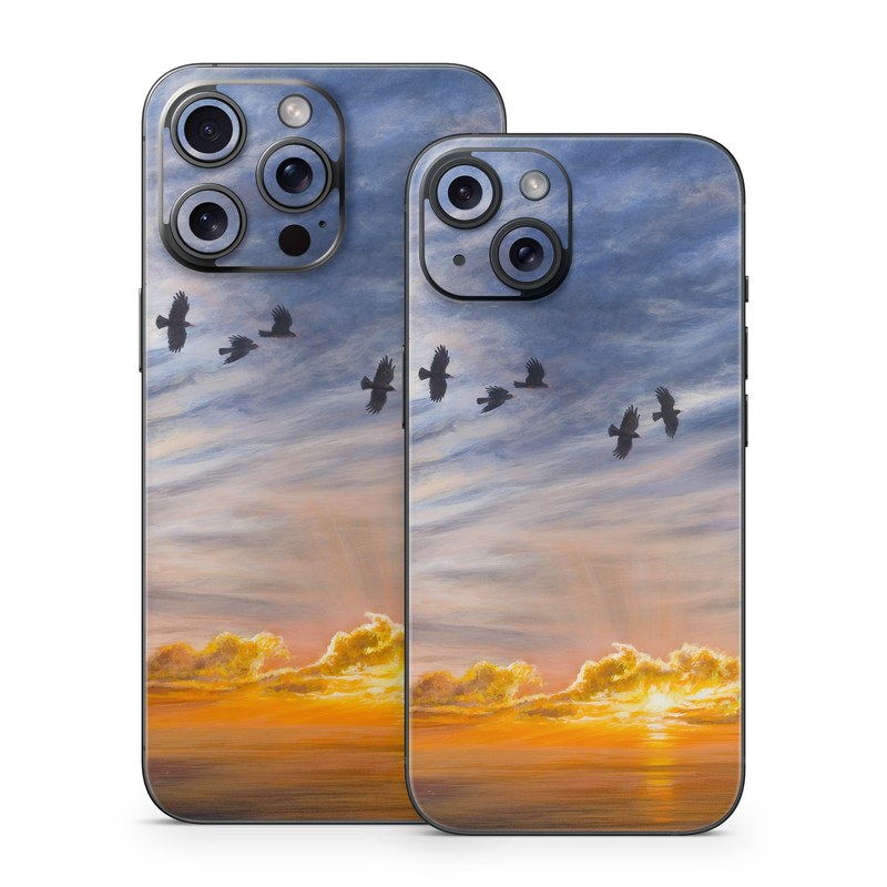iPhone 15 Series Skin design of Sky, Cloud, Nature, Blue, Daytime, Atmosphere, Sunset, Afterglow, Evening, Horizon, with black, blue, yellow, orange, white colors